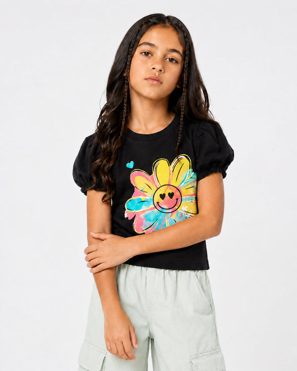 GIRLS PUFF SLEEVE SMILEY DAISY TEE