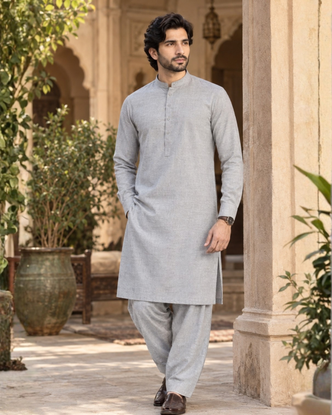 Men's Unstitched Sage Taupe Winter kamaliya khaddar Suit