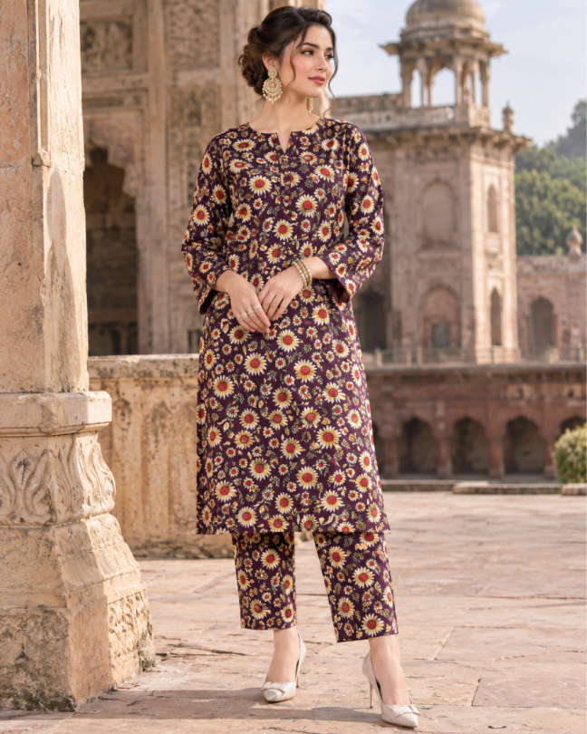 2 Pieces - Winter Slub Unstitched Deep Plum linen Allover Suit