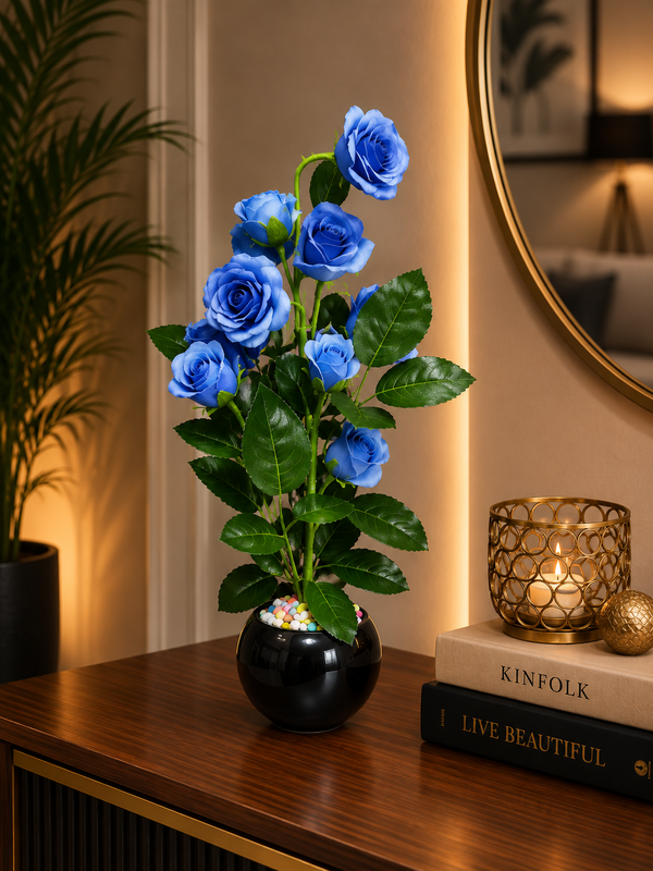 Luxury Artificial Blue Rose Plant in Black Ceramic Vase | ch 0046