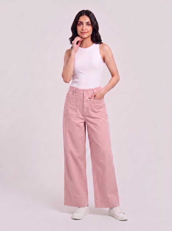 Women Cotton Wide Leg Pants - Tea Pink