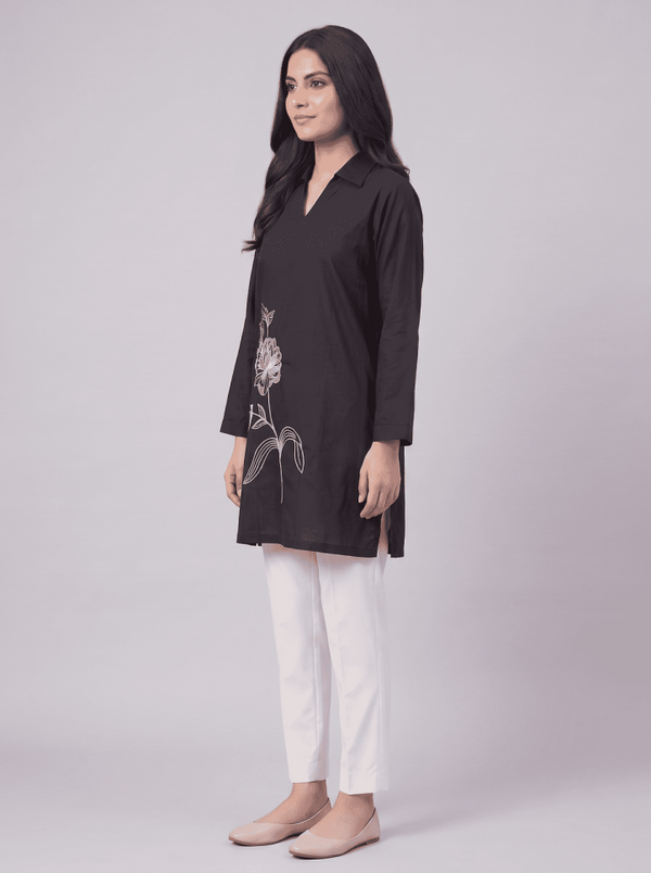 Stitched Embroidered Kurti - Black and white