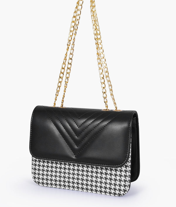 Black Houndstooth Chain Cross-Body Bag