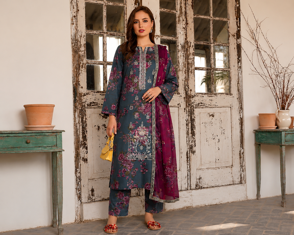 PC - 162 3PC Lawn Embroidered Suit with Chiffon Dupatta