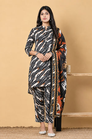 Unstitched 3Pc Printed Suit - Black Rust