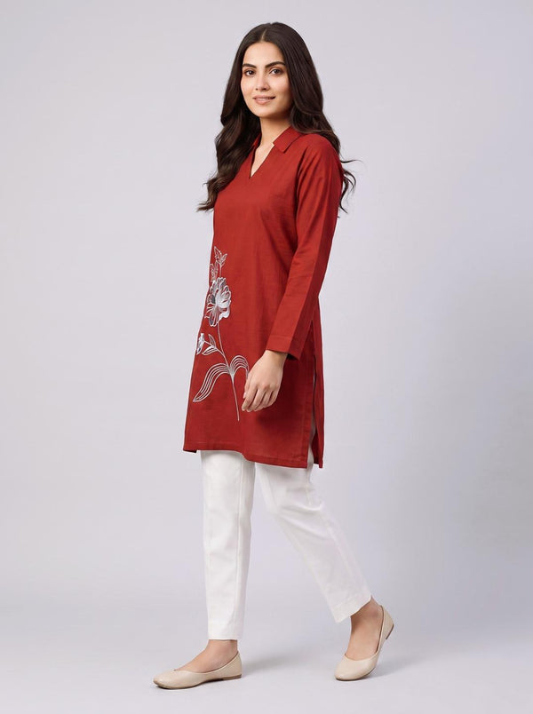 Stitched Embroidered Kurti - Rust Red