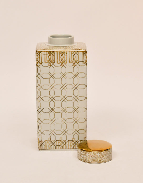 White & Gold Geometric Ceramic Jar