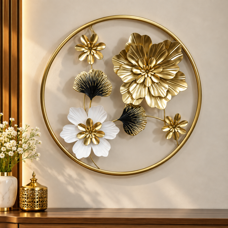 Luxury Gold & White Floral Metal Wall Art Round Flower Wall Decor for Home