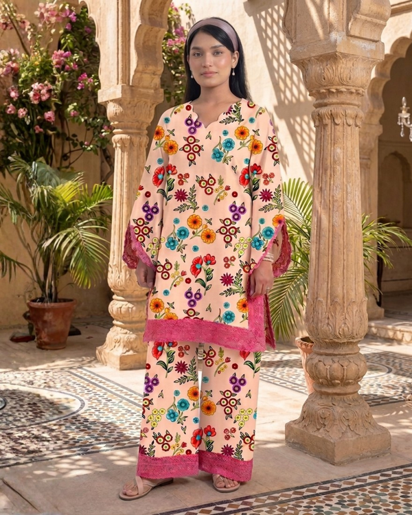 2 Pieces - Gen-Z Unstitched Peach Cream Lawn Suit