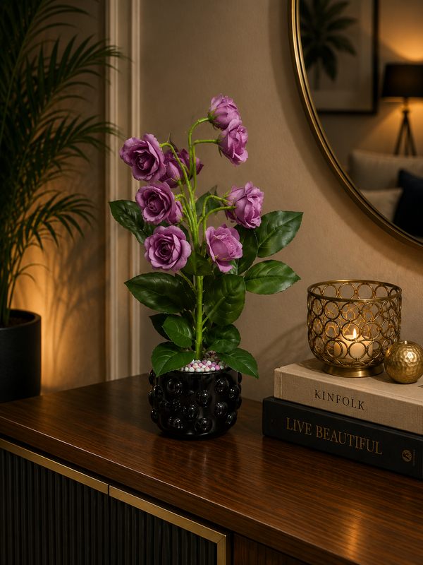 Luxury Artificial Purple Rose Plant in Black Ceramic Vase | ch 0045