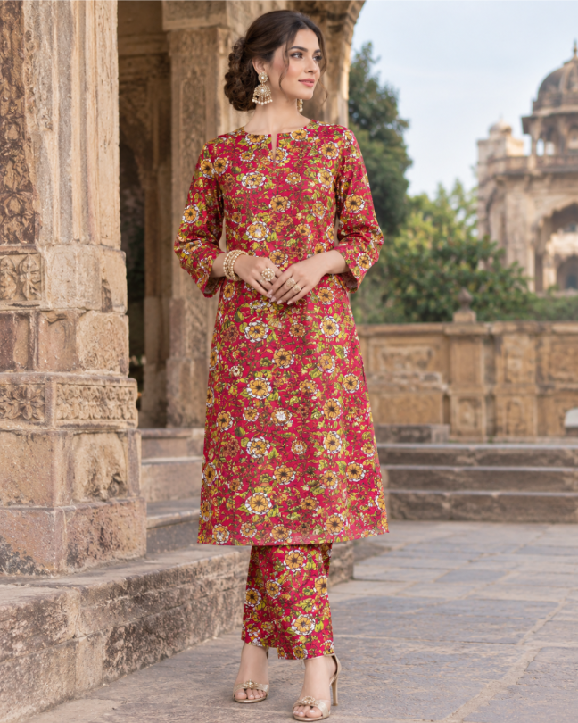 2 Pieces - Winter Slub Unstitched Deep Magenta Pink linen Allover Suit
