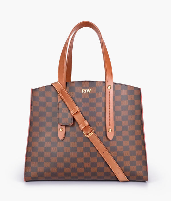 Dark Brown Checkered Multi Compartment Satchel Bag