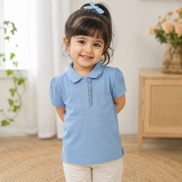 KIDS PLAIN GIRLS COTTON POLO SHIRT - SKY BLUE
