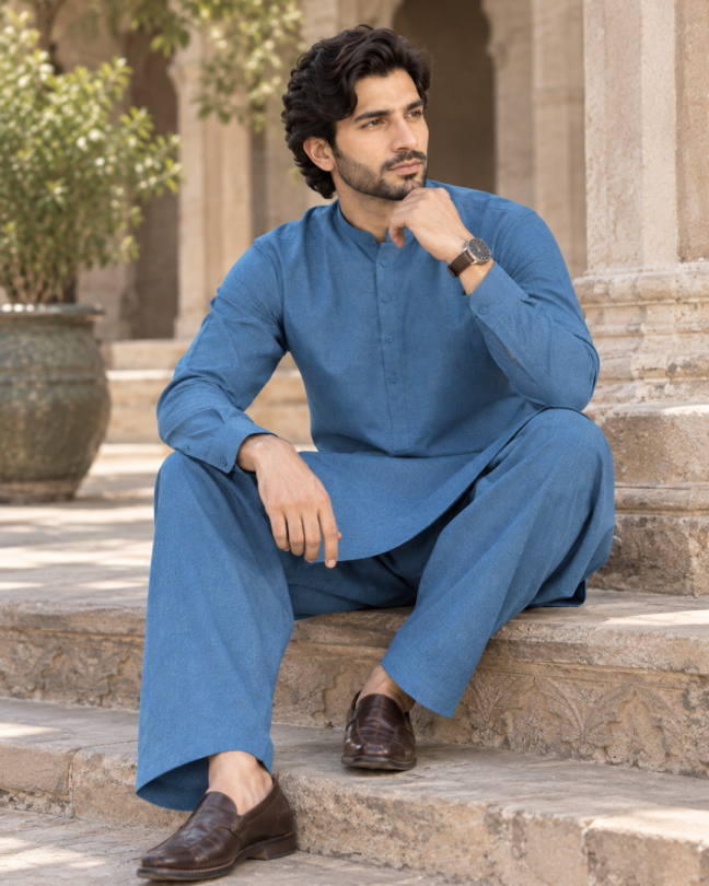 Men's Unstitched Steel Blue Winter kamaliya khaddar Suit