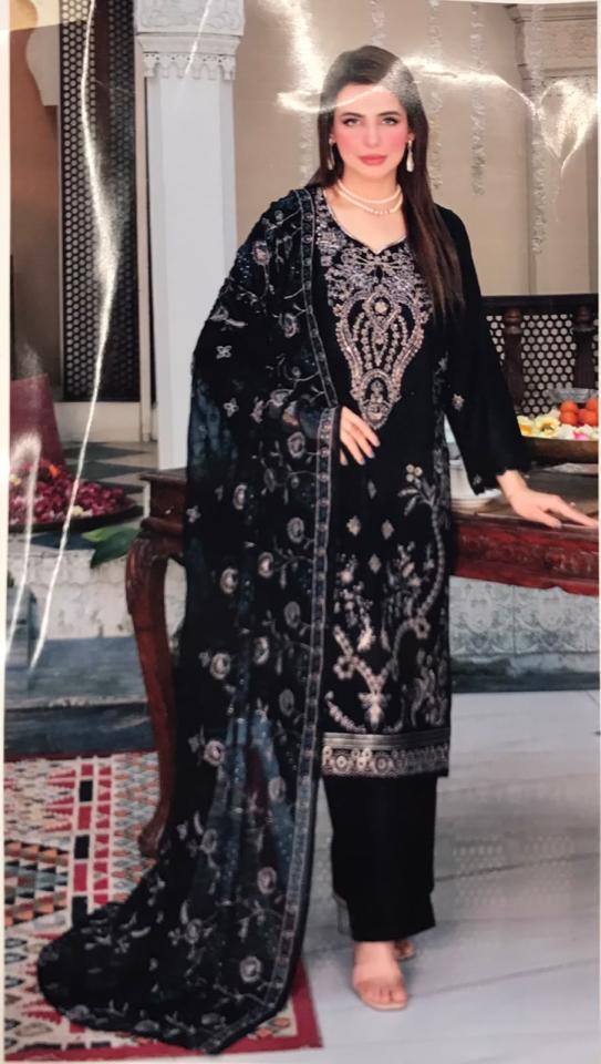 3Pc unStitched Embroidered Suit - black