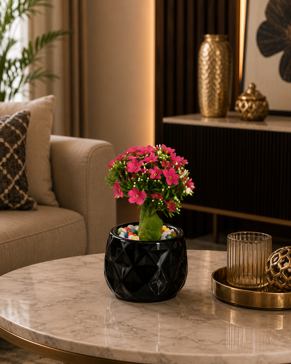 Luxury Artificial Pink Blossom Flower Arrangement in Black Ceramic Pot | ch 0030