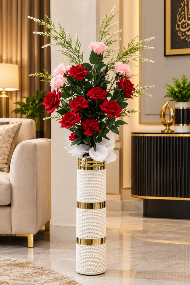 Artificial Red & Pink Rose Flower Arrangement with Tall Woven Vase CH 00317