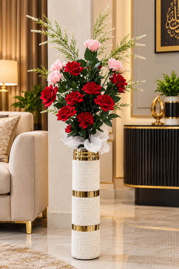 Artificial Red & Pink Rose Flower Arrangement with Tall Woven Vase CH 00317