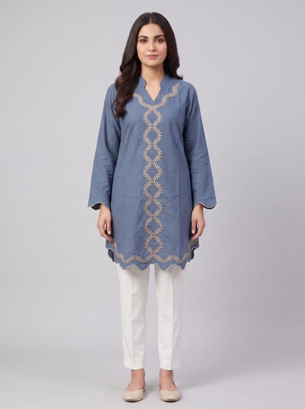 Stitched Embroidered Kurti - Steel Blue