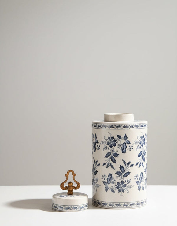 Blue Floral Ceramic Jar with Ornate Lid