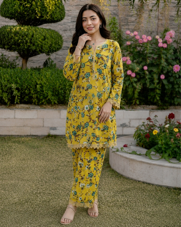 2 Pieces - Gen-Z Unstitched Lemon Bana Doria Lawn Suit