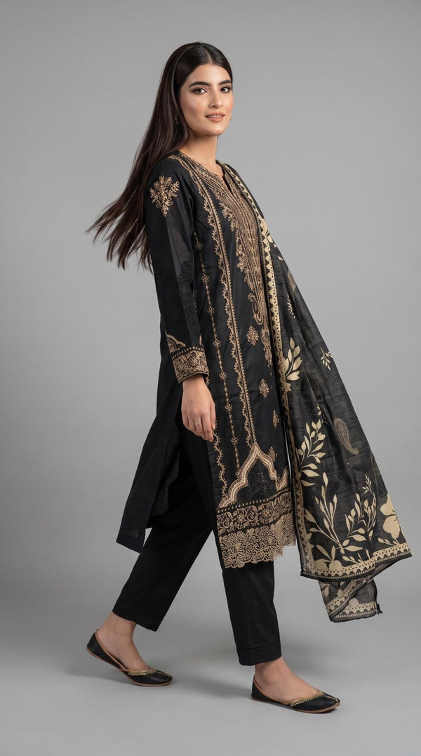 3Pc Stitched Embroidered Suit - Black
