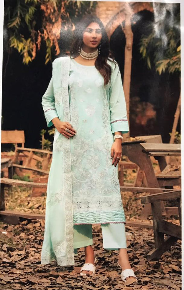 3Pc unStitched Embroidered Suit - light blue