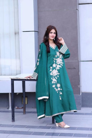 Emerald Bloom â€“ Green Embroidered Viscose 3 Piece Suit