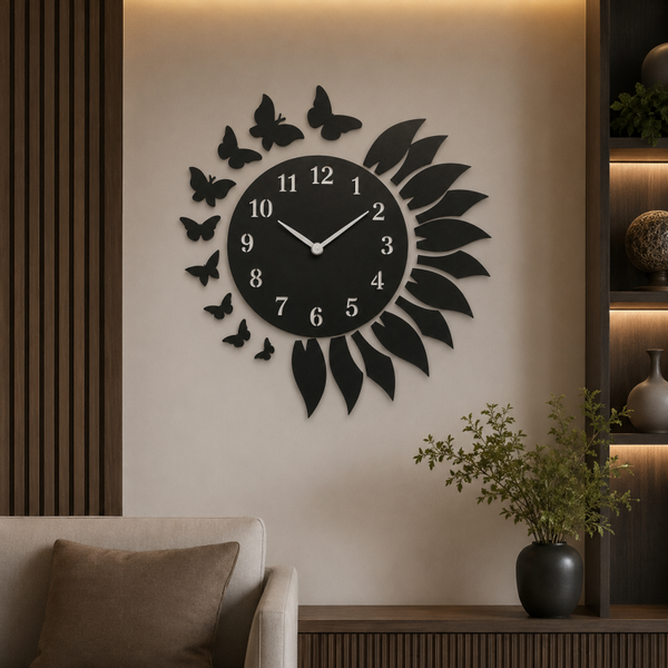 Sunflower Butterfly MDF Wooden Wall Clock | Modern Silent Decorative DIY Wall Clock for Living Room,