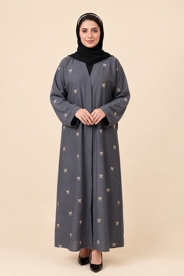 Bow Drop Abaya - Light Grey