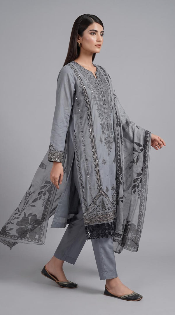 3Pc Stitched Embroidered Suit - Grey