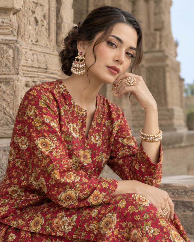 2 Pieces - Winter Slub Unstitched Deep Magenta Pink linen Allover Suit