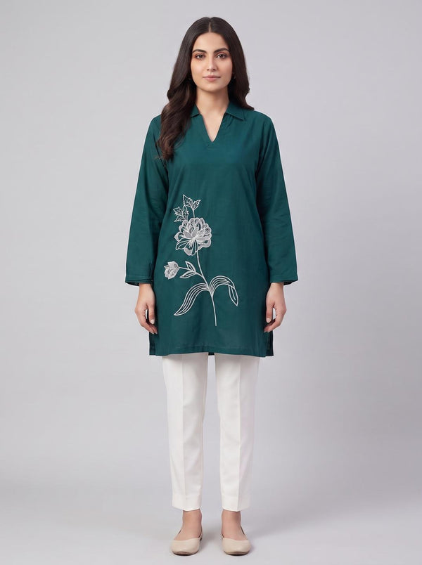 Stitched Embroidered Kurti - Teal Green
