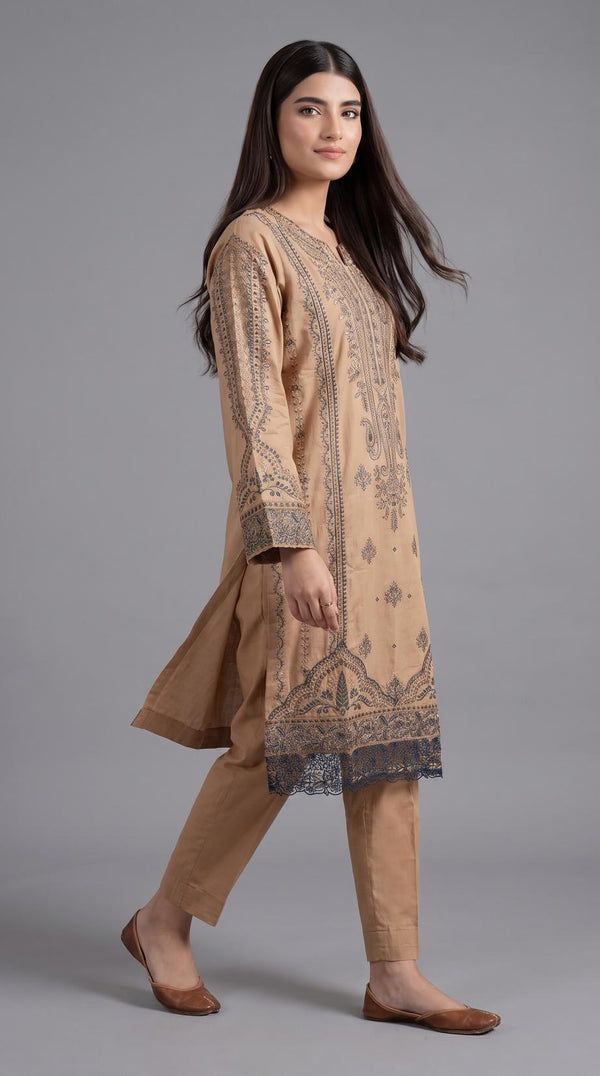 3Pc Stitched Embroidered Suit - Beige