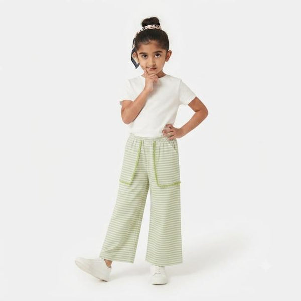GIRLS 3 POCKET OFF WHITE / GREEN STRIPE TROUSER