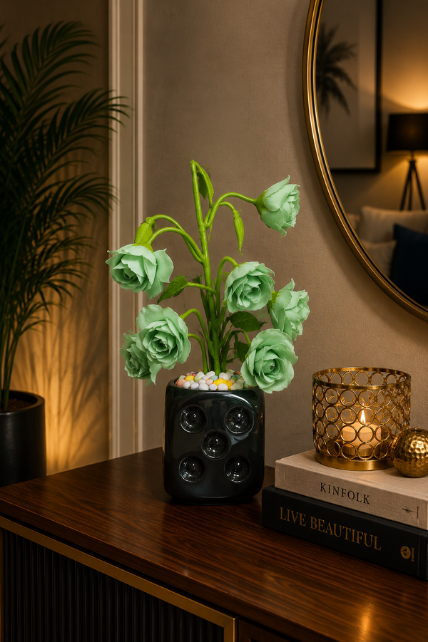 Luxury Artificial Mint Green Rose Flower Arrangement in Black Ceramic Vase | CH 0048