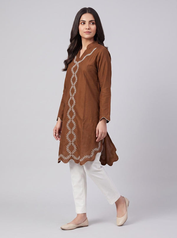 Stitched Embroidered Kurti - Brown