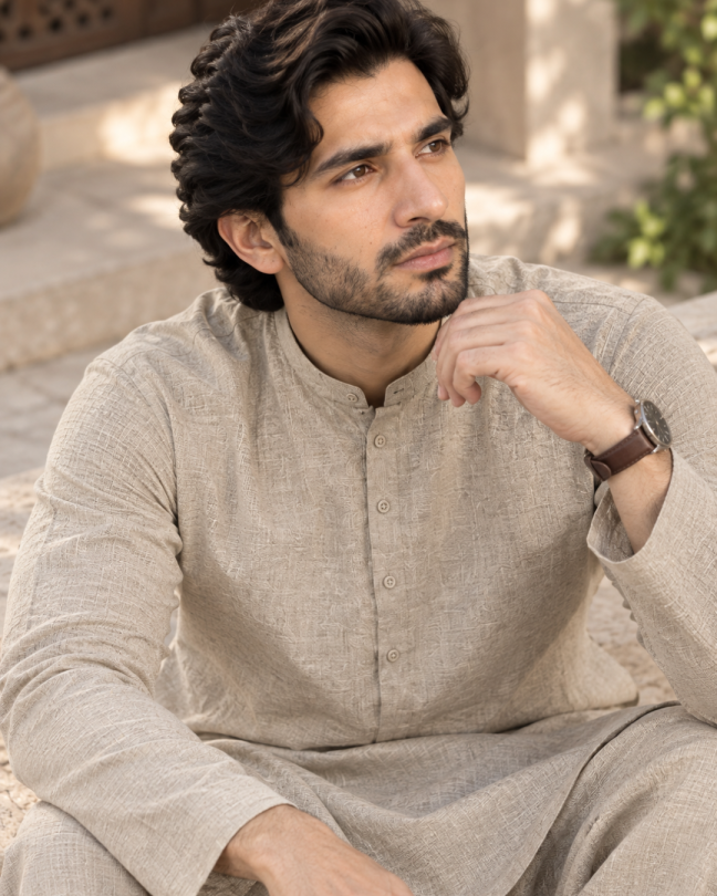 Men's Unstitched Light Beige Winter kamaliya khaddar Suit