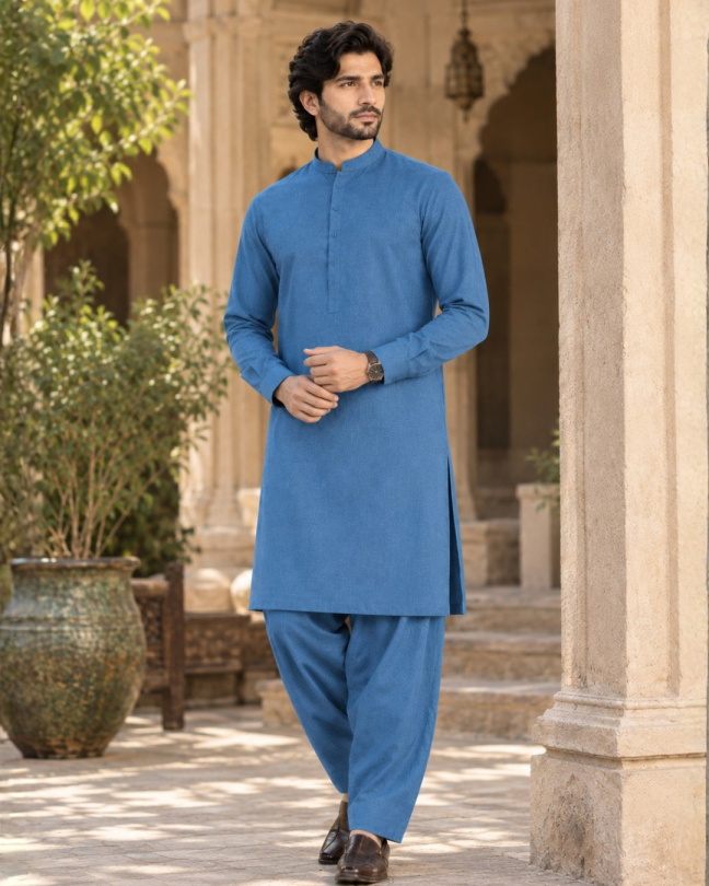 Men's Unstitched Steel Blue Winter kamaliya khaddar Suit