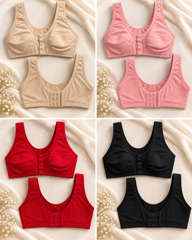 Front Open Button Bra in Cotton Jersey Stuff (Pack of 2)