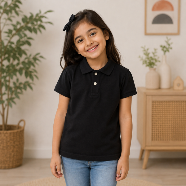 KIDS PLAIN GIRLS COTTON POLO SHIRT - BLACK