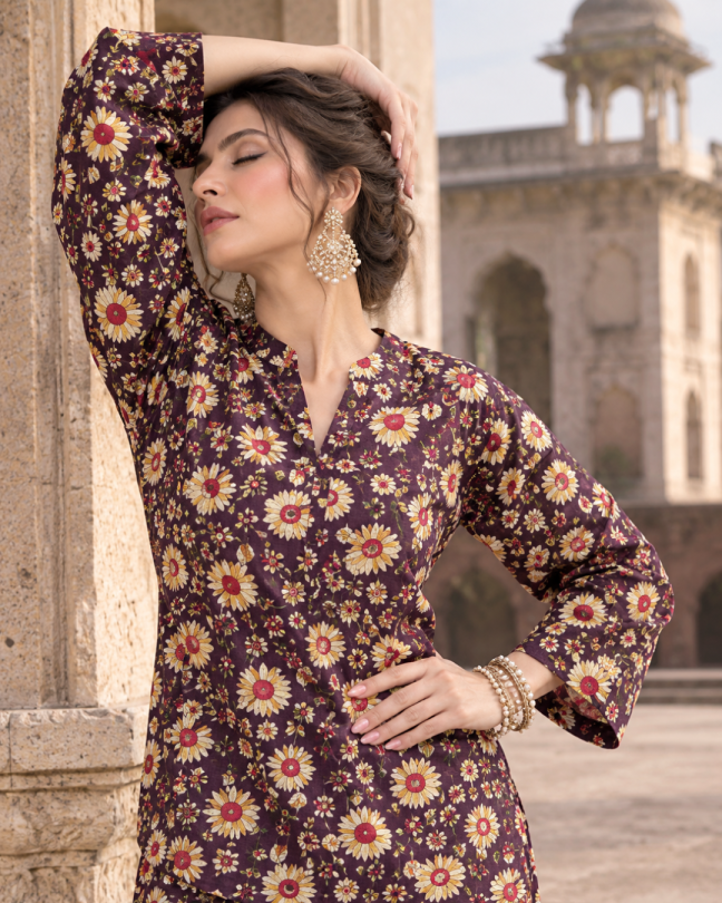2 Pieces - Winter Slub Unstitched Deep Plum linen Allover Suit