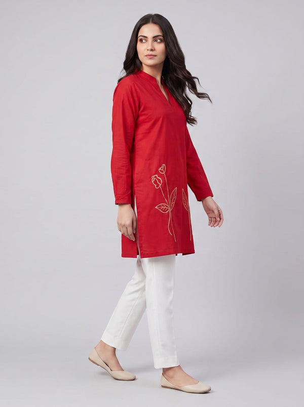 Stitched Embroidered Kurti - Red
