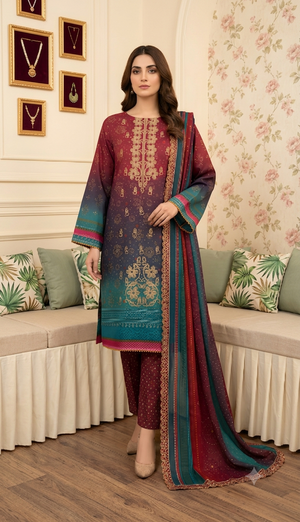 PC - 165 3PC Lawn Embroidered Suit with Chiffon Dupatta