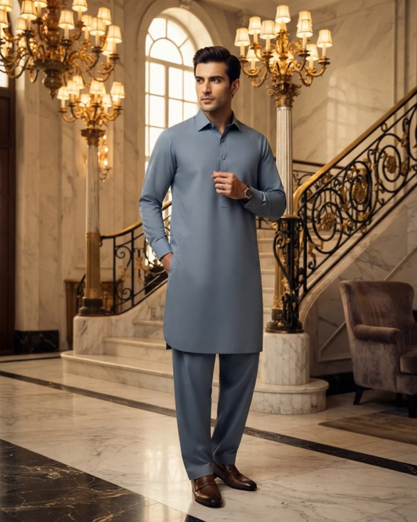 Men's Unstitched Blue Grey Wash & Wear Suit