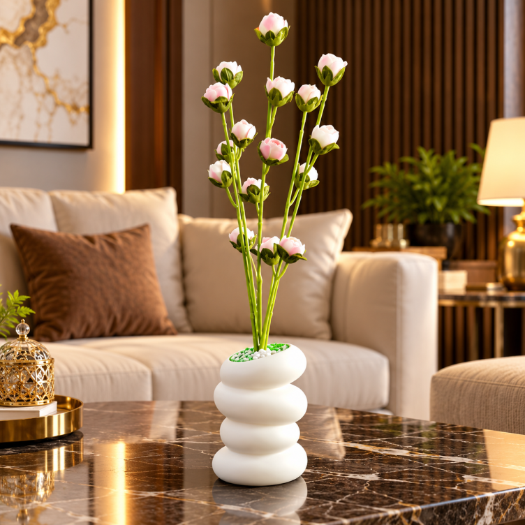 Artificial Pink White Rose Bud Flower Plant with White Decorative Pot CH 00328
