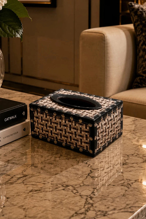 Designer Woven Tissue Holder – Black & Beige
