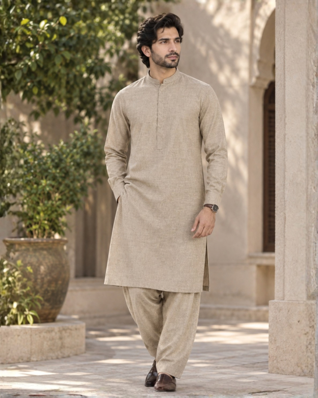 Men's Unstitched Light Beige Winter kamaliya khaddar Suit