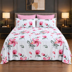 Whimsy Weave Pink Lily Print Bedsheet Set on a bed