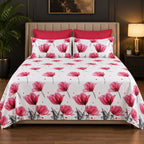 Whimsy Weave Pink Poppy Print Bedsheet Set on a bed
